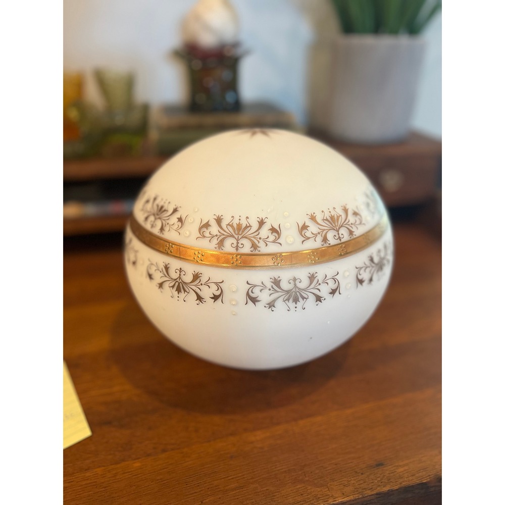 Vintage VV Vianne White Milk Glass Globe Gold Filigree Scrollwork Lamp Shade